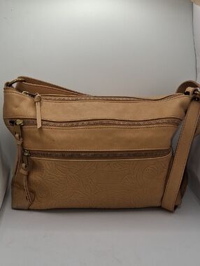 The Sak Tan Leather Shoulder Bag with Floral Embossing